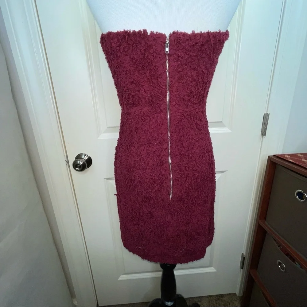 Storia Textured Floral Mini Dress Strapless Bodycon Maroon L - Picture 6 of 17